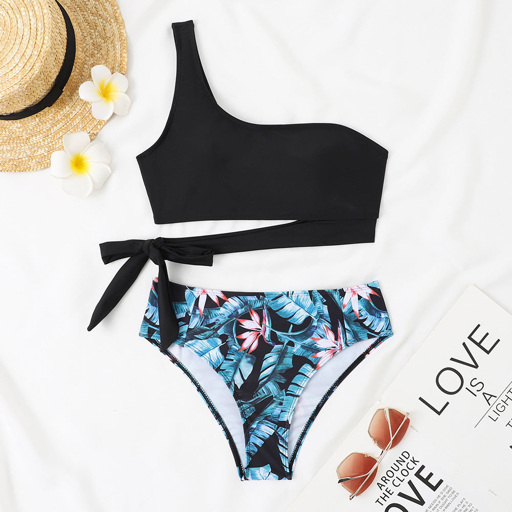 Olive Green One Shoulder Bikini Set, Wrap Tie Crop Top & High Waist Bottom, Women Solid Asymmetric Swimwear, Chic Resort Beach Swimsuit, Sage Green Two Piece Bathing Suit