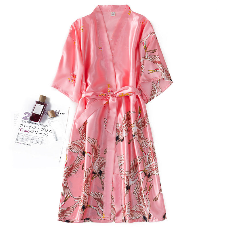 Navy Blue Satin Kimono Robe Women | Crane Print Silk-Feel Belted Robe | Luxury Sleepwear Loungewear Gift