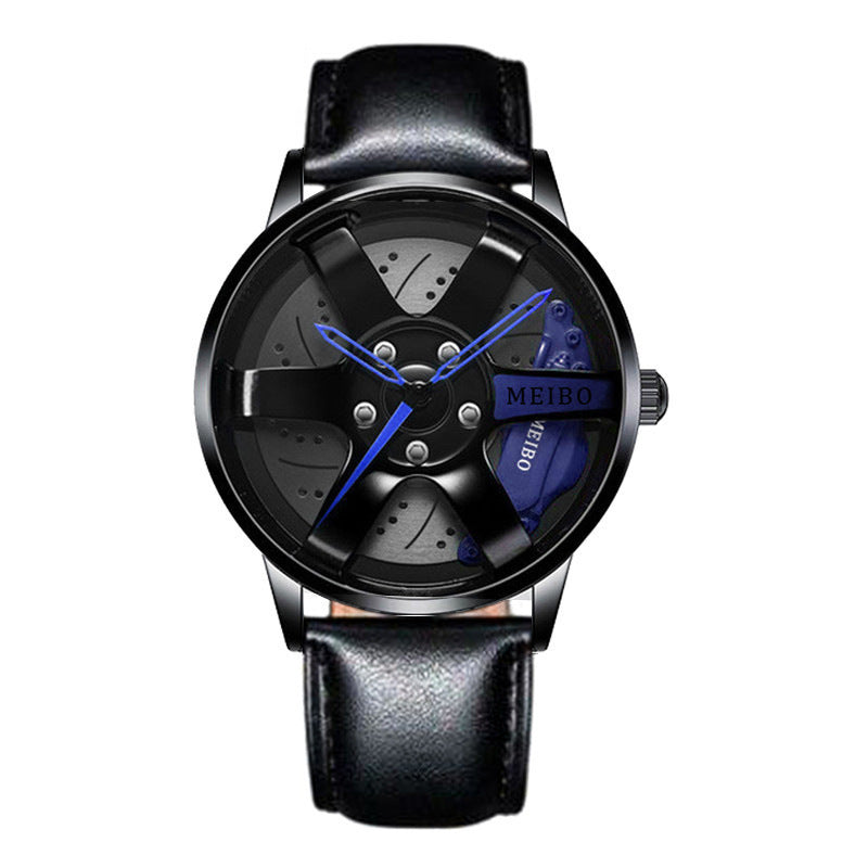 MEIBO Spinning Rim Watch Men | 3D Black Wheel Dial Red Brake Caliper | All Black Steel Bracelet | Car Enthusiast Racing Watch