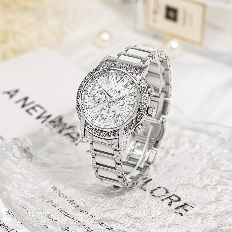 Orologio da donna EPOPER Crystal Chronograph | Orologio da polso di lusso in acciaio inossidabile argentato con lunetta in diamanti