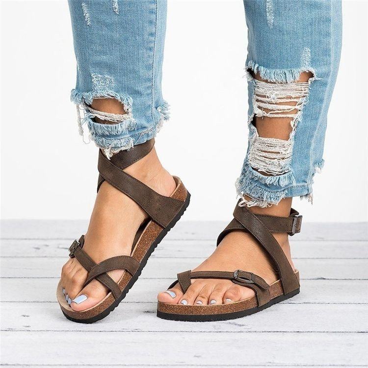 Women's Tan Brown Cross Strap Flat Sandals ? Casual Leather Look Open Toe Summer Slides