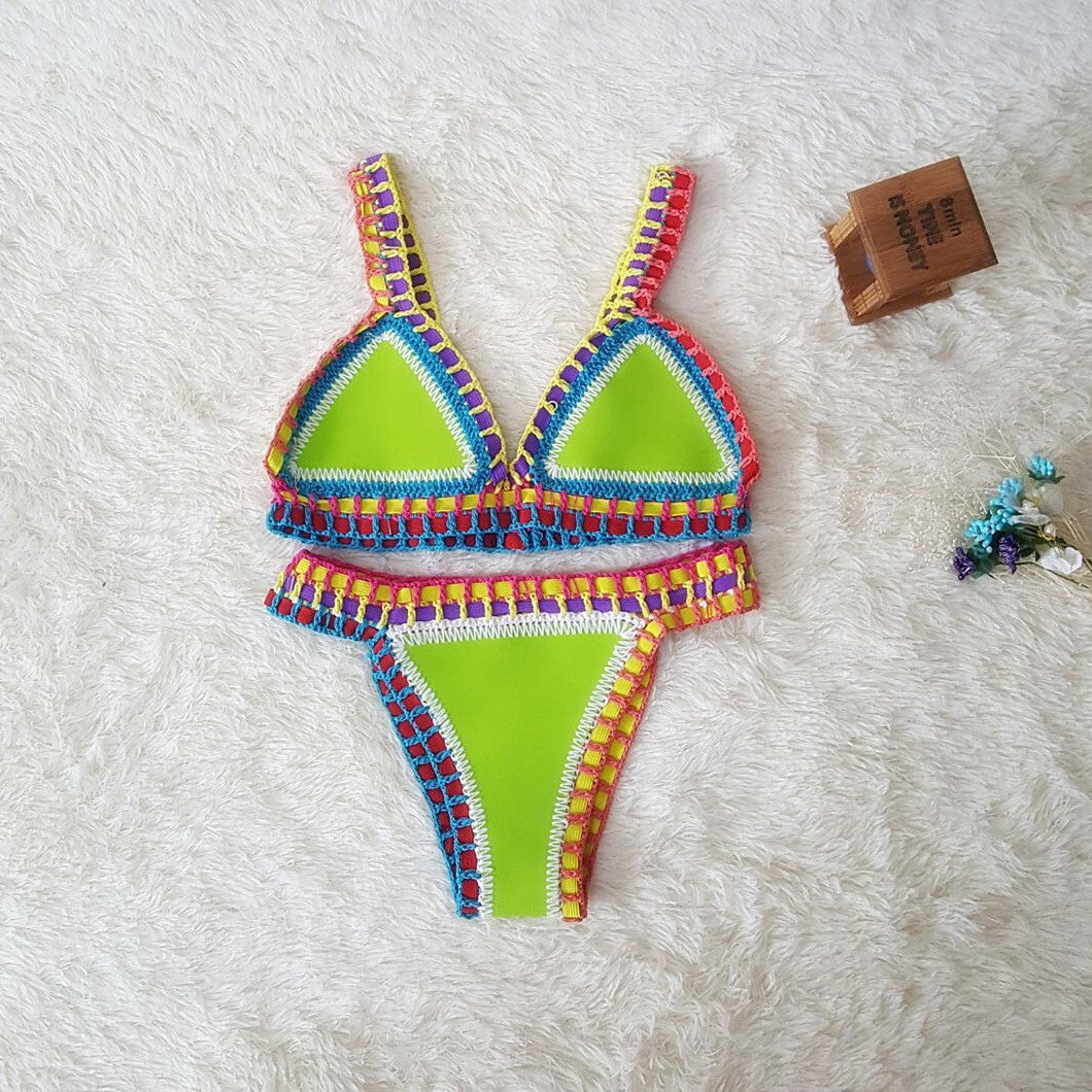 Set Bikini Giallo con Bordo all'Uncinetto | Top Triangolare Boho e Slip a Vita Bassa | Costume da Bagno Due Pezzi Intrecciato a Mano Multicolore da Donna