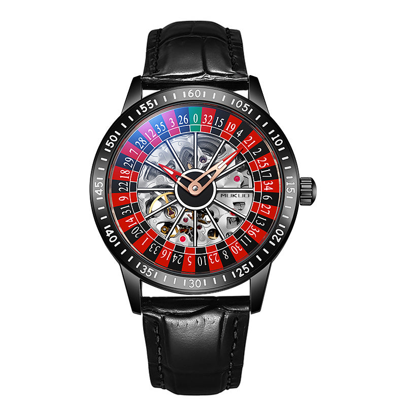Roulette Wheel Skeleton Watch Men | Red Blue Casino Dial | Black Steel Bracelet | Hollow Tourbillon Style Automatic Watch