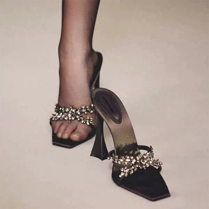 Black Satin Crystal Flower Sculptural Heel Square Toe Mule Sandals | Women's Rhinestone Embellished Slip-On High Heel Shoes