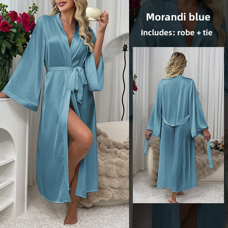 Women's Black Satin Maxi Robe with Belt Sexy Deep V Neck Flared Sleeve Floor Length Dressing Gown Kimono Sleepwear