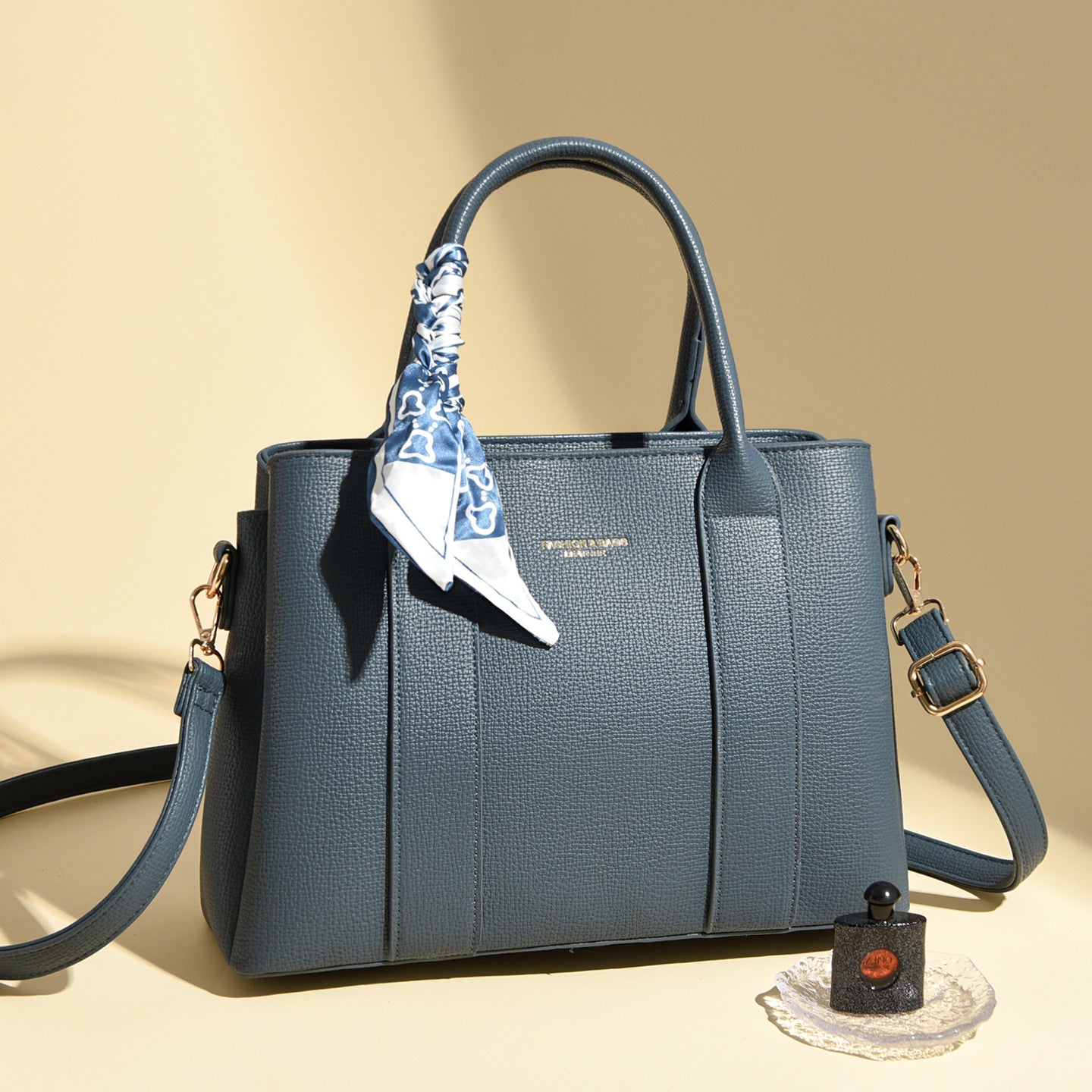 Black Leather Tote Handbag Women | Structured Shoulder Bag Crossbody Satchel with Scarf Detail Gold Hardware