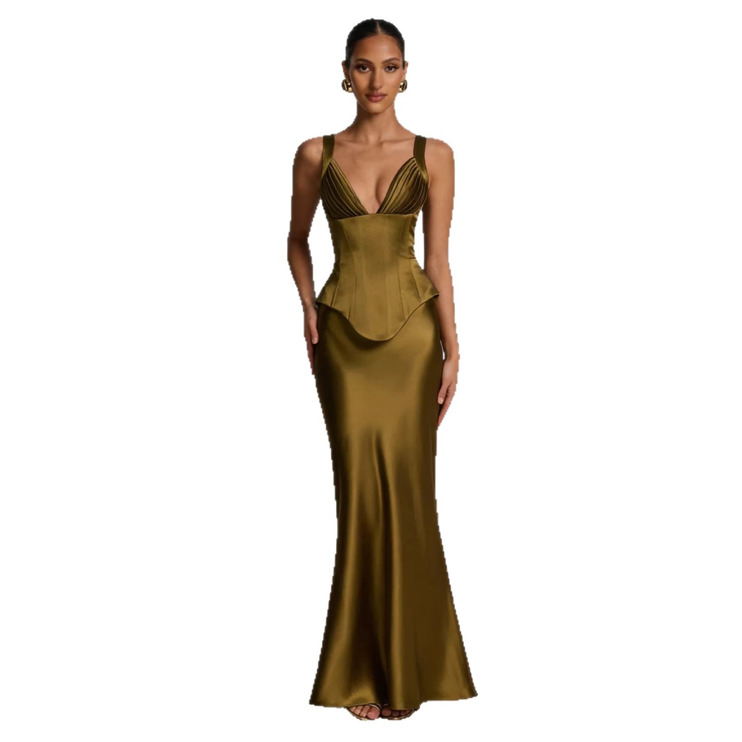 Rust Brown Satin Corset Maxi Dress | Deep V Neck Pleated Bust Mermaid Gown | Women's Elegant Formal Evening Dress | Wedding Guest & Gala Outfit