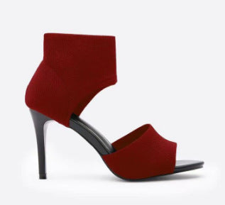 Hot Pink Knit Sock Stiletto Heels | Open Toe Ankle Wrap High Heel Sandals | Stretchy Fabric Dress Shoes for Women