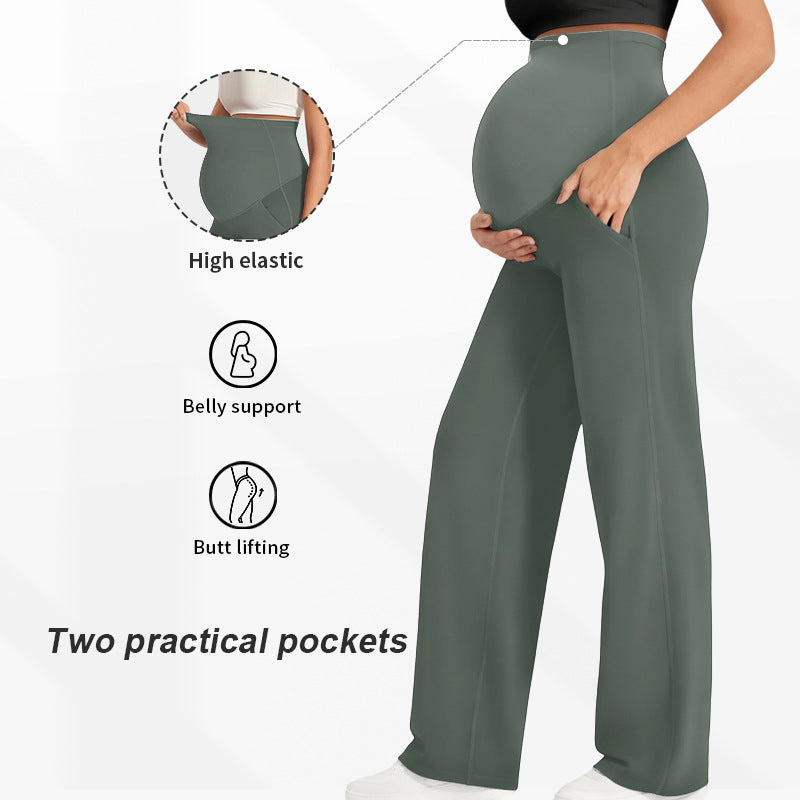 High Waist Maternity Wide Leg Pants with Pockets | Butt Lifting High Elastic Over Bump Pregnancy Trousers | Flowy Casual Lounge Pants | All Trimesters | Brown