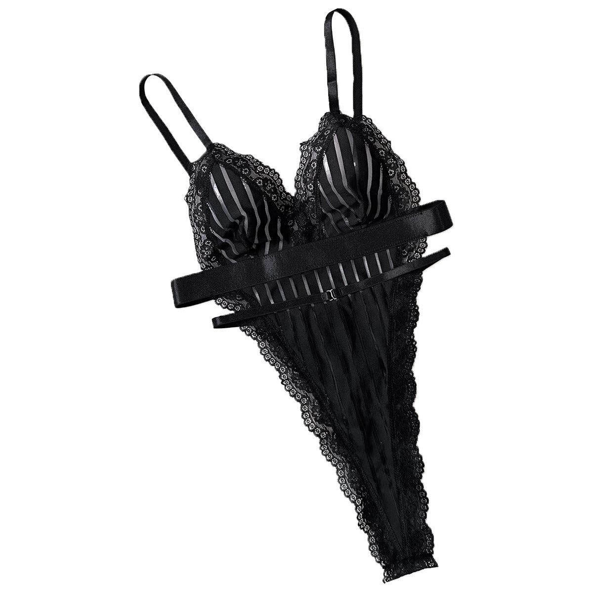 Black Striped Mesh Lace Trim Teddy Bodysuit | Deep V Waist Belt One Piece Sheer Lingerie
