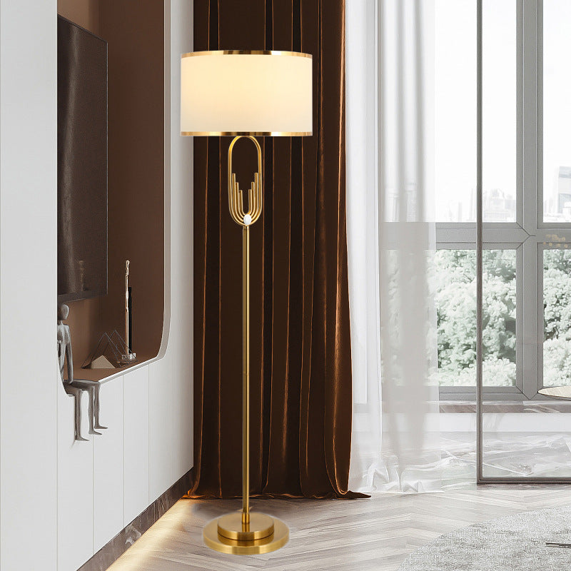 Gold Floor Lamp | Arch Metal Base White Drum Shade | Modern Living Room Standing Lamp