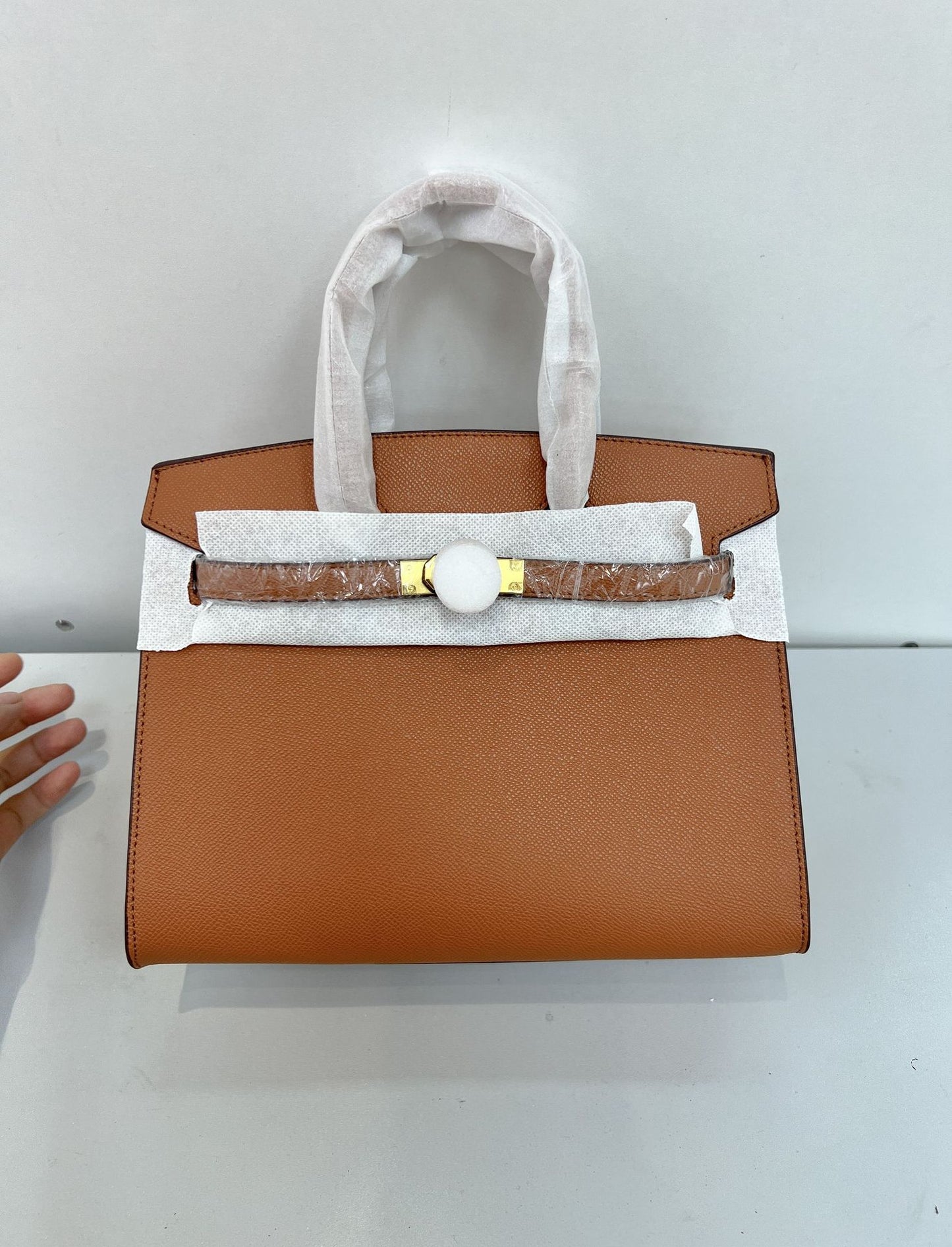 Women's Luxury Structured Leather Tote Bag | Taupe Grey Gold Hardware Top Handle Handbag | Designer Style Purse