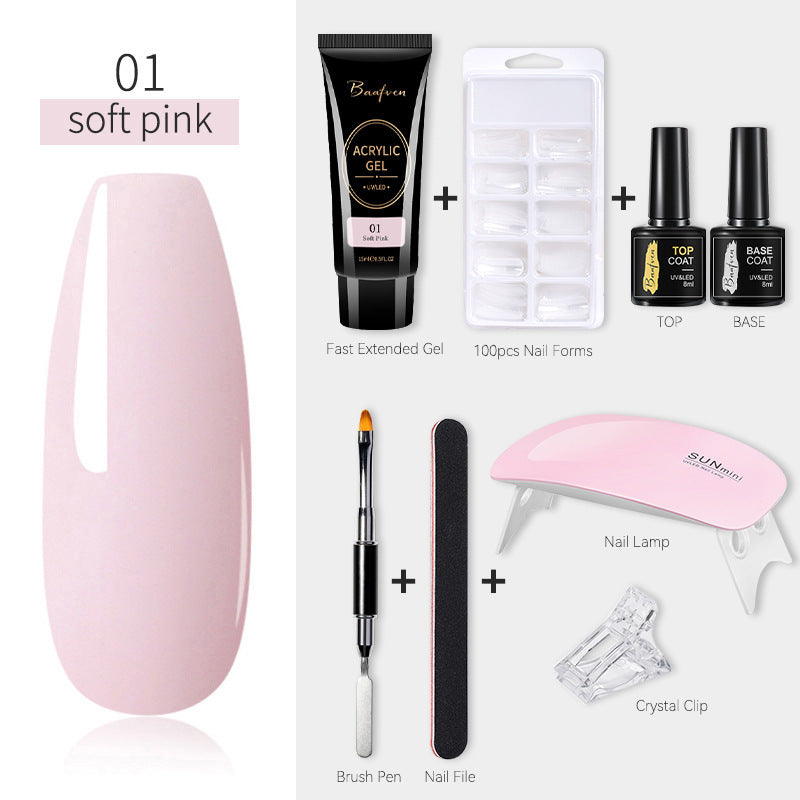 Baafven 11PCS Acrylic Gel Nail Extension Kit | Poly Gel Set with UV LED Nail Lamp, Top & Base Coat, Nail Forms & Tools