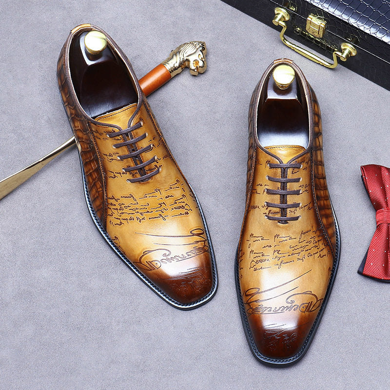 Men's Tan Hand-Painted Script Engraved Luxury Oxford Shoes