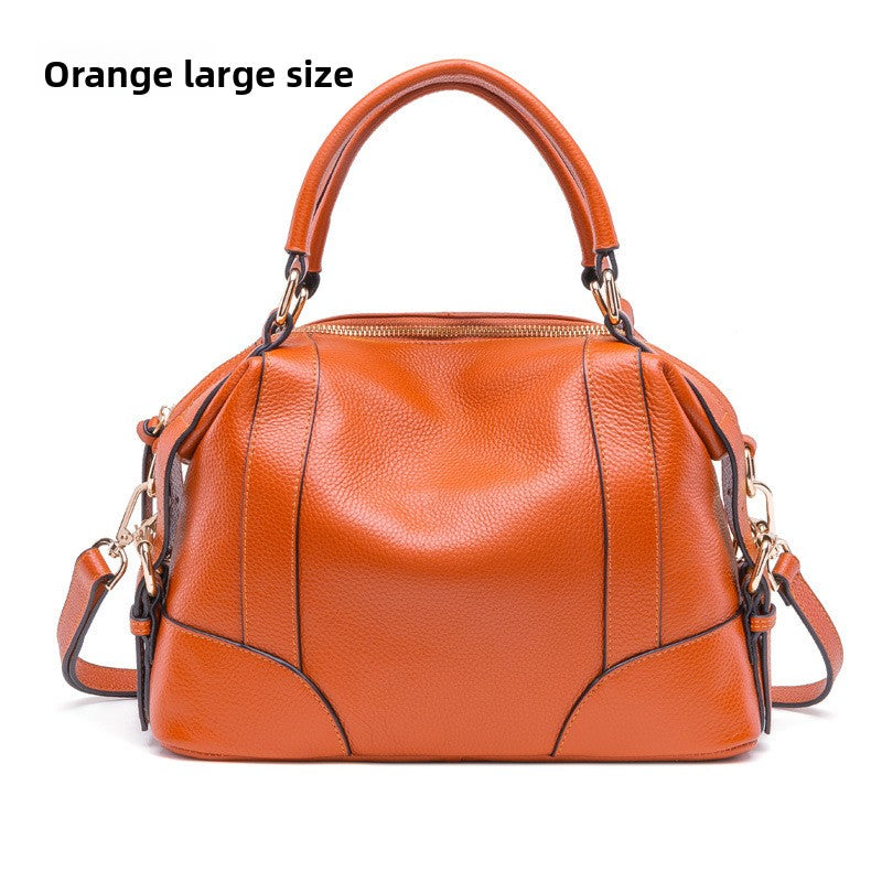Small Brown Leather Satchel Bag - Cognac Bowling Bag with Dual Handles | Convertible Dome Handbag with Crossbody Strap