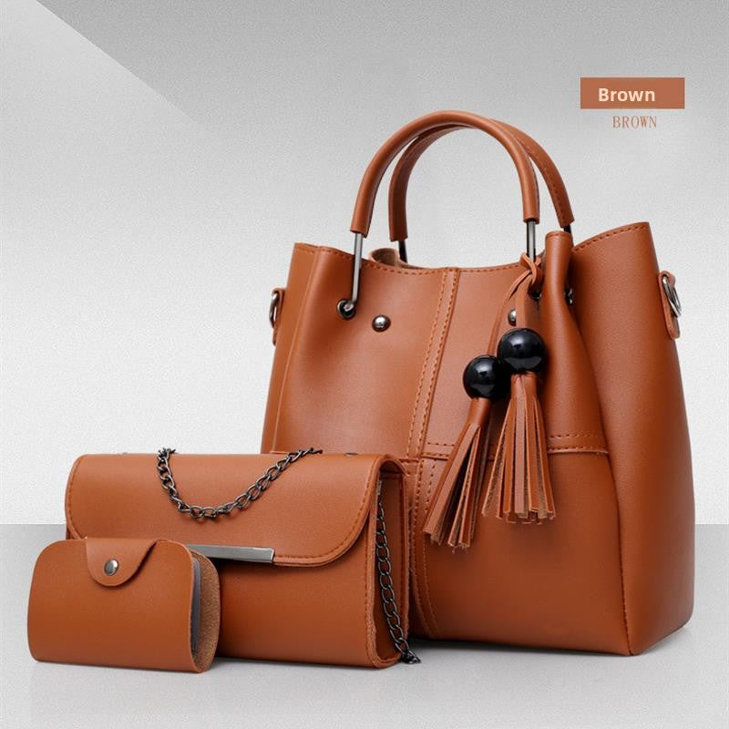 Black Leather Handbag Set 3-Piece with Tote, Chain Bag & Wallet | Women's Bag Collection