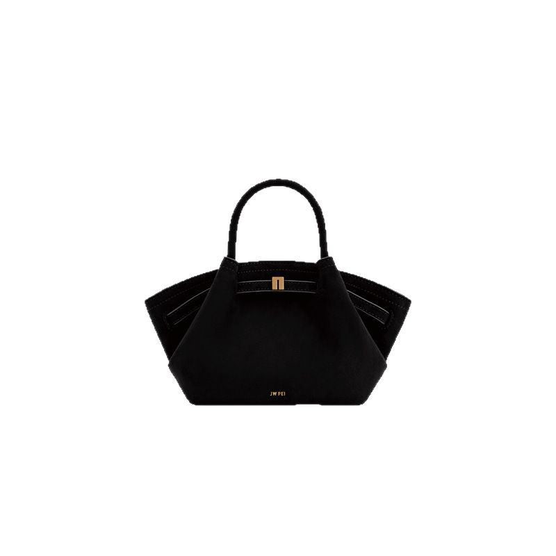 Borsa a mano strutturata in camoscio nero con design ad ala | Borsa tote trapezoidale