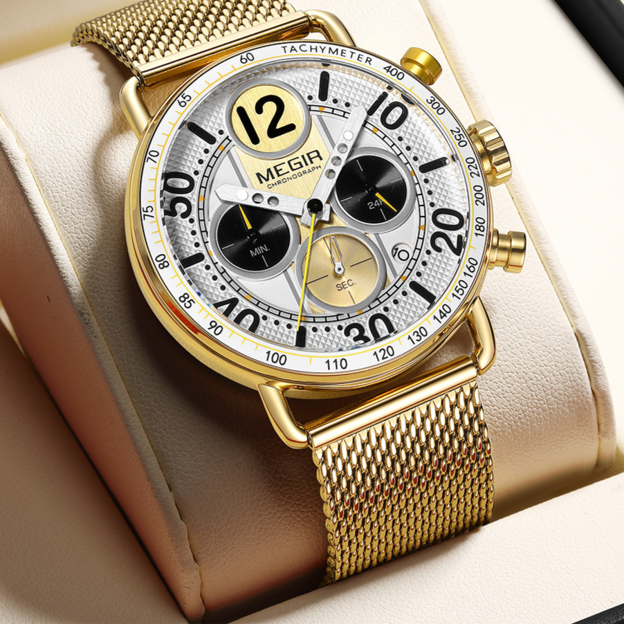 MEGIR Chronograph Men's Watch | Sky Blue Dial Gold Mesh Bracelet Tachymeter Multifunction Sport Luxury Timepiece
