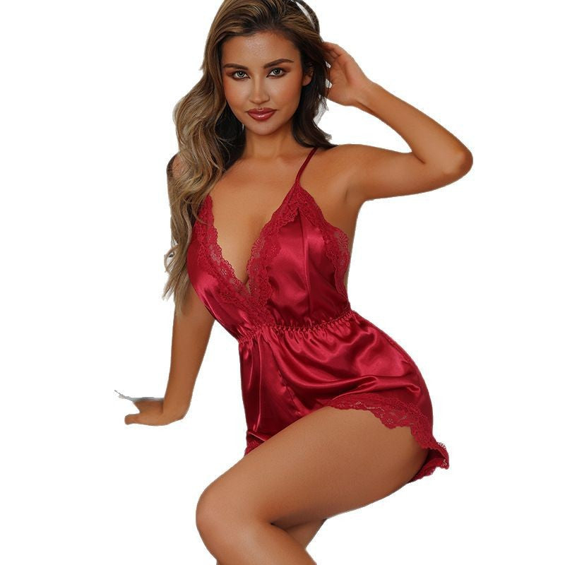 Women's Red Satin Lace Trim Romper Playsuit Sexy Deep V Neck Elastic Waist Sleeveless Lingerie Sleep Romper Shorts