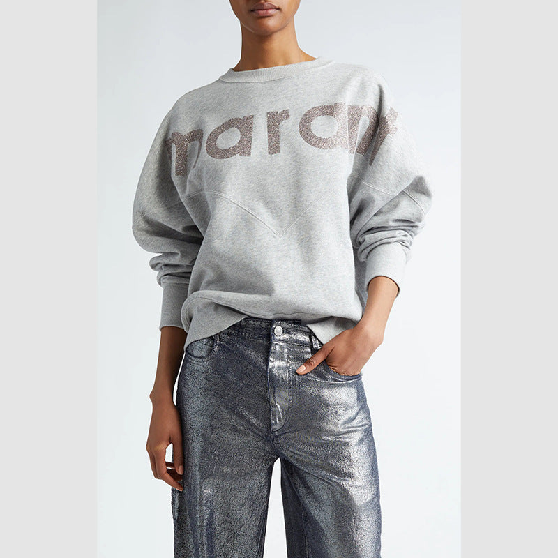 Black Glitter Logo Oversized Sweatshirt | Women's Relaxed Fit Crew Neck Pullover