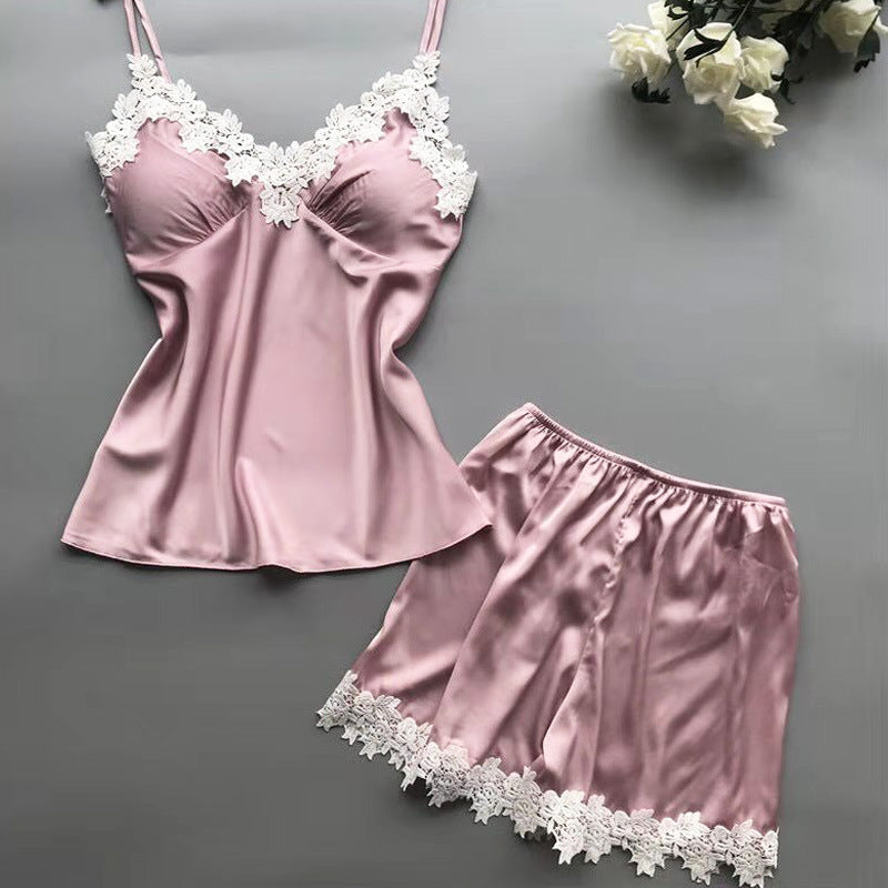 Pigiama da donna in raso malva con stampa cuori bianchi, canotta e pantaloncini con pizzo - Completo da notte in seta a 2 pezzi