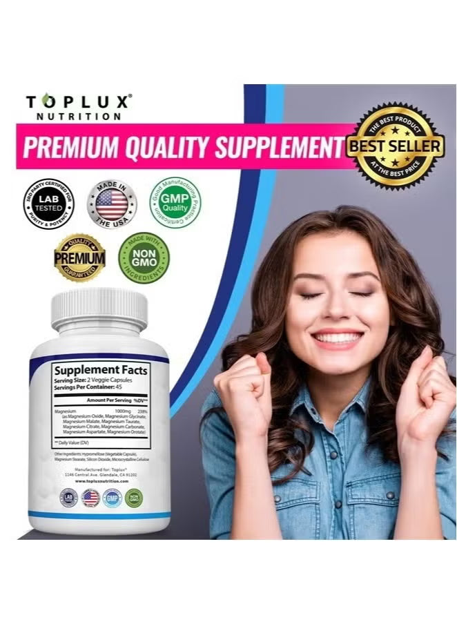 Toplux Nutrition Magnesium Complex 1000mg Set of 2 | 90 Capsules | 8 Forms of Elemental Magnesium Maximum Absorption Non-GMO Supplement