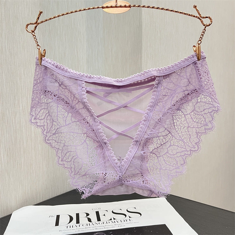 Damen Höschen mit schwarzer Spitze und überkreuzter Vorderseite | Transparente Mesh-Schnürunterwäsche | Sexy Wimpernspitzen-Slips