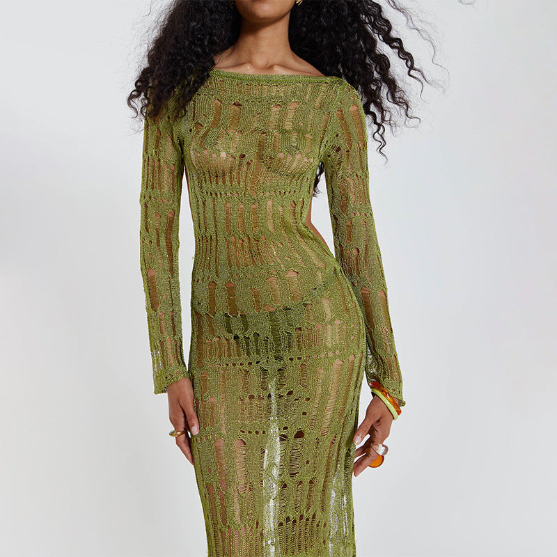 Black Open Knit Hollow Out Long Sleeve Maxi Dress | Sheer Crochet Bodycon Off Shoulder | Sexy See Through Beach Cover Up Evening Dress Women