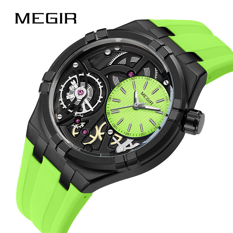 MEGIR Skeleton Watch for Men | Rainbow Dial Luxury Sport Quartz Watch Black Silicone