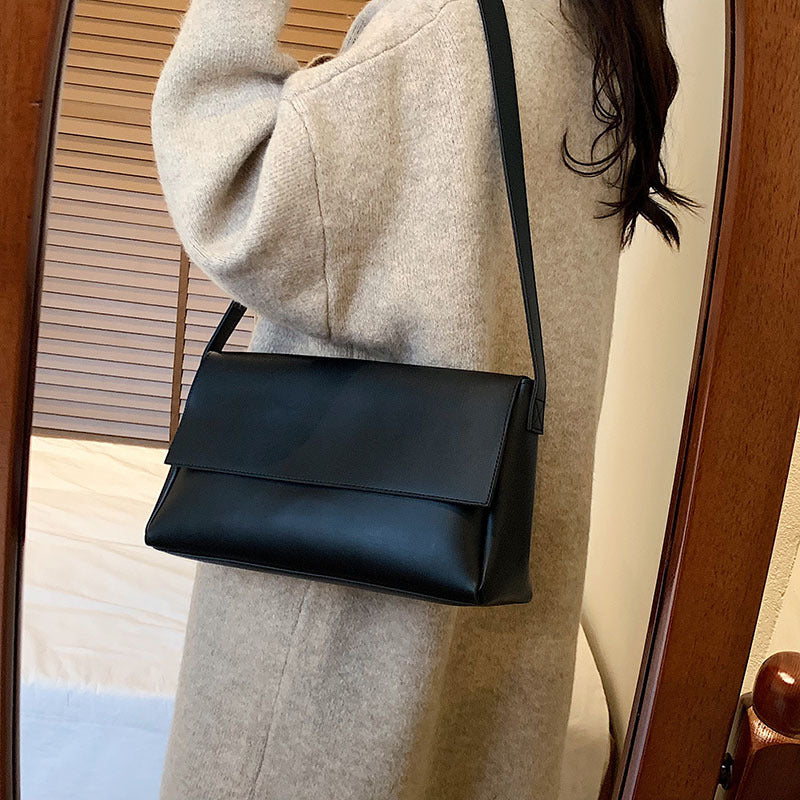 Women's Minimalist Black Leather Crossbody Bag | Sleek Flap Shoulder Bag | Everyday Clutch Purse for Work, Travel & Occasions