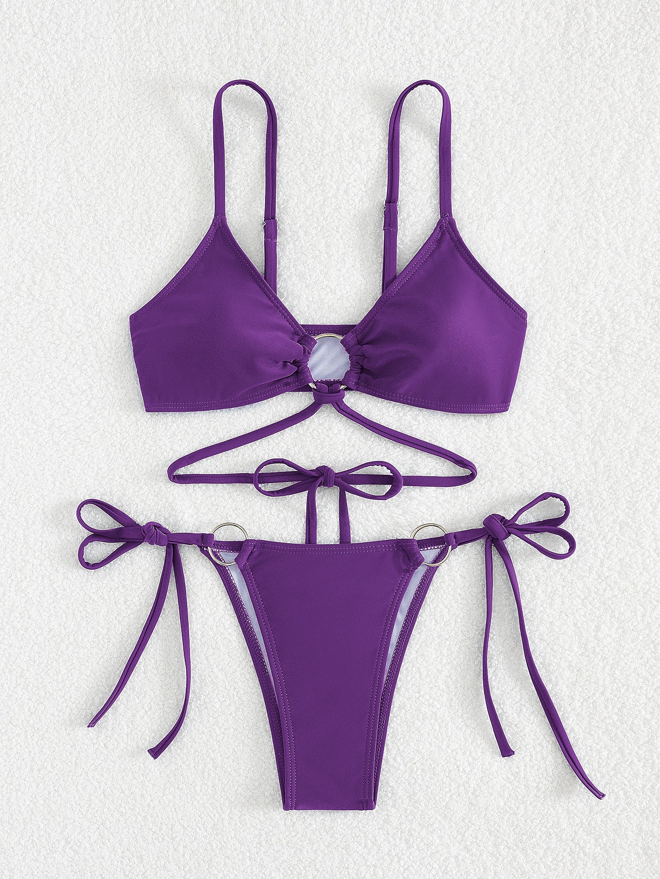 Set Bikini Con Anelli A O In Rosso Borgogna | Top Triangolo Con Anello Centrale E Slip Perizoma Con Anello Doppio E Laccetti | Costume Da Bagno Due Pezzi Sexy Con Spalline Per Donna