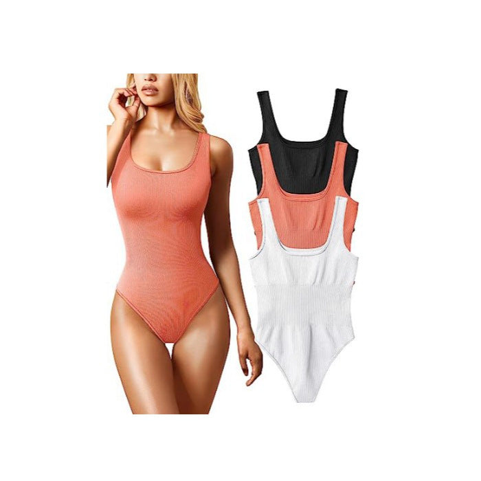 Ribbed Thong Bodysuit for Women | Scoop Neck Sleeveless Fitted Body Suit | 8 Colors Seamless Stretch Tank Bodysuit