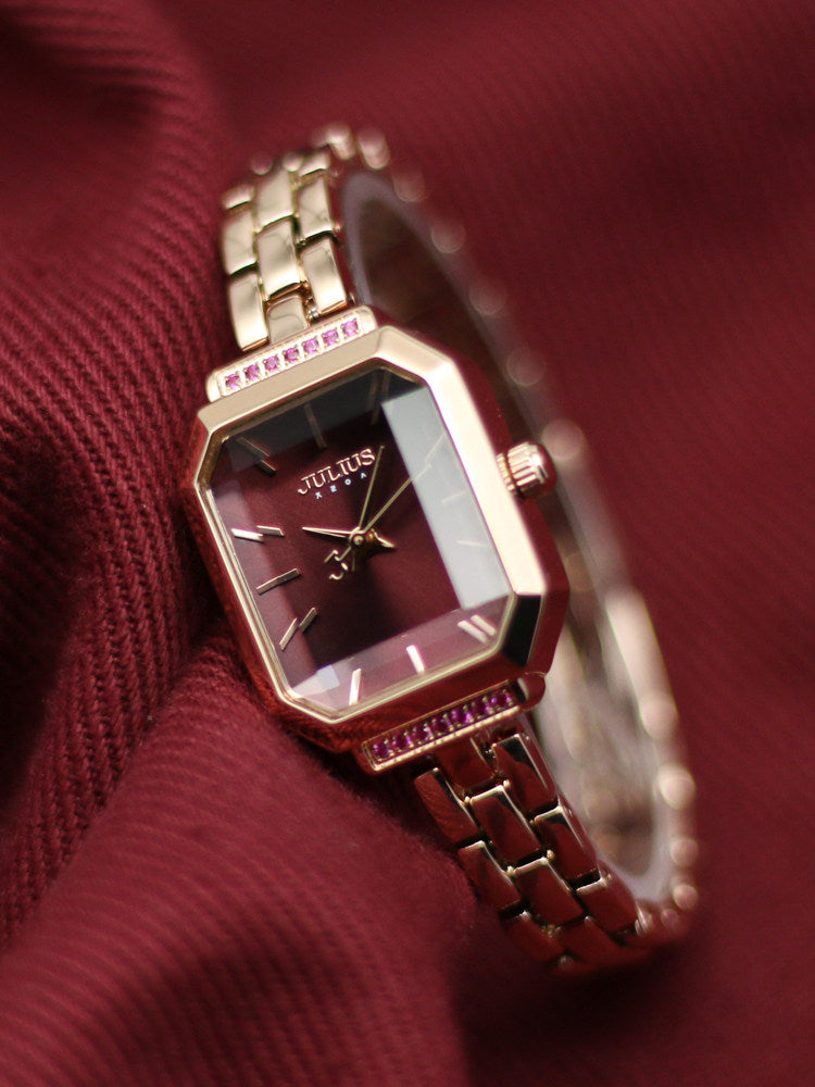 Julius REGA Women's Rose Gold Watch | Purple Sunburst Dial Octagonal Ruby Crystal Luxury Quartz Watch