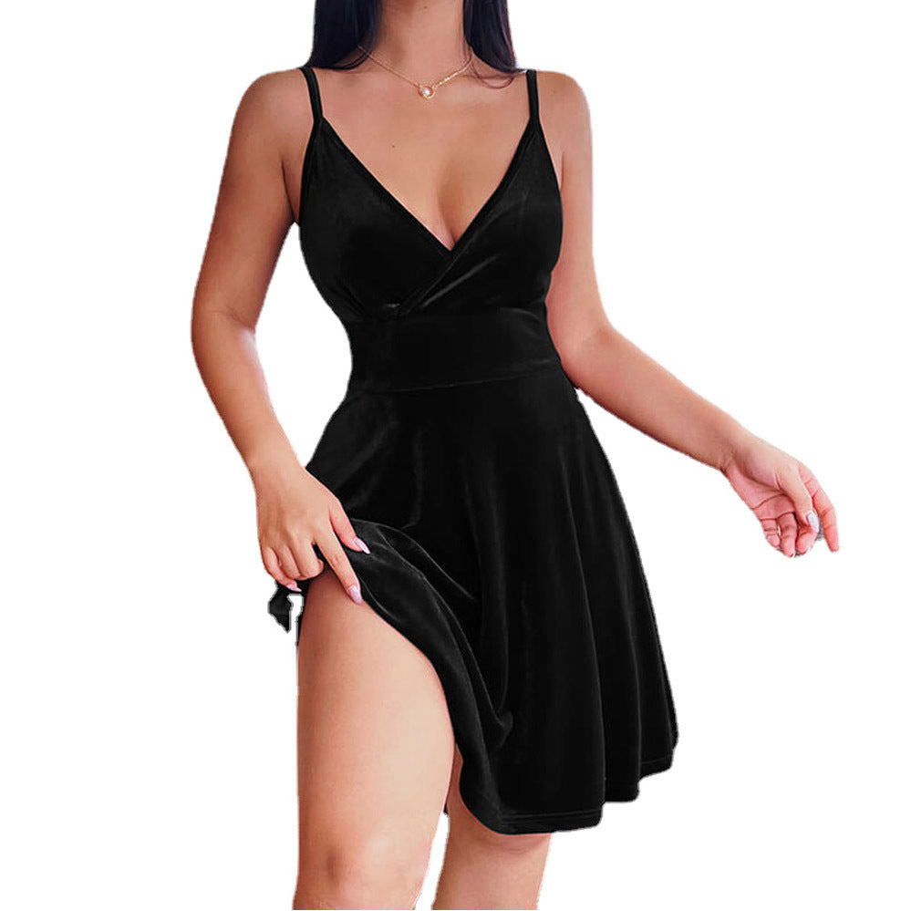 Velvet Spaghetti Strap Mini Dress | V-Neck Wrap Skater Dress with Side Slit | Sexy Party Club Dress in 6 Colors