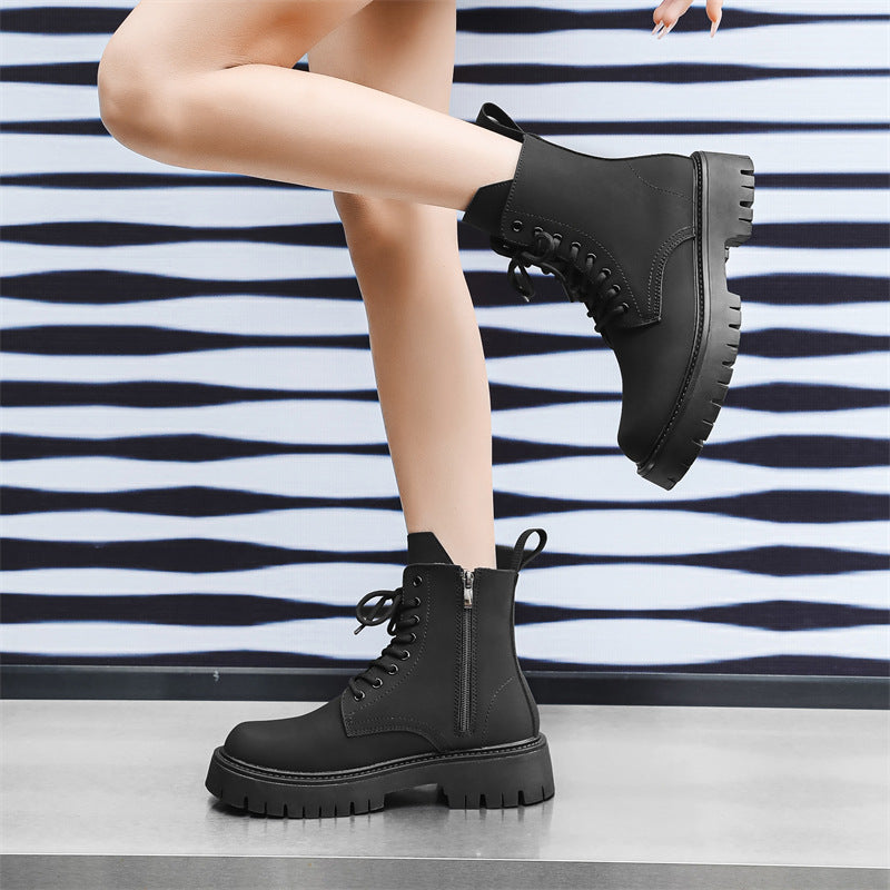Black Combat Boots Men Women Lace Up Side Zip Platform Military Ankle Boots Matte Leather Tactical Boots