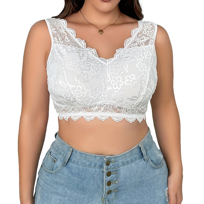 Plus Size Women's Floral Lace Bralette | Scalloped Edge Wireless Full Coverage Lace Bra | Wide Strap White Lace Bra