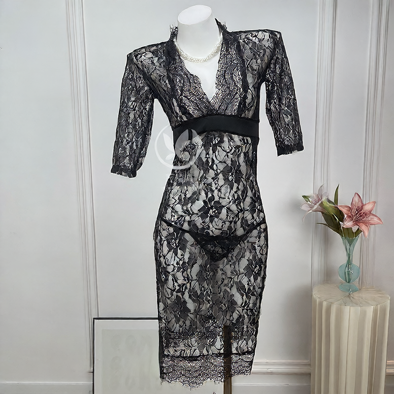 Women's Black Floral Vine Lace Maxi Dress Sexy Deep V Neck Long Sleeve High Slit See-Through Nightgown Lingerie Gown