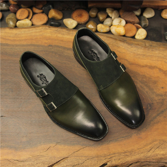 Olivgrüne Herren-Double-Monk-Strap-Schuhe | Elegante Oxford-Schuhe aus Leder und Wildleder mit eckiger Spitze 