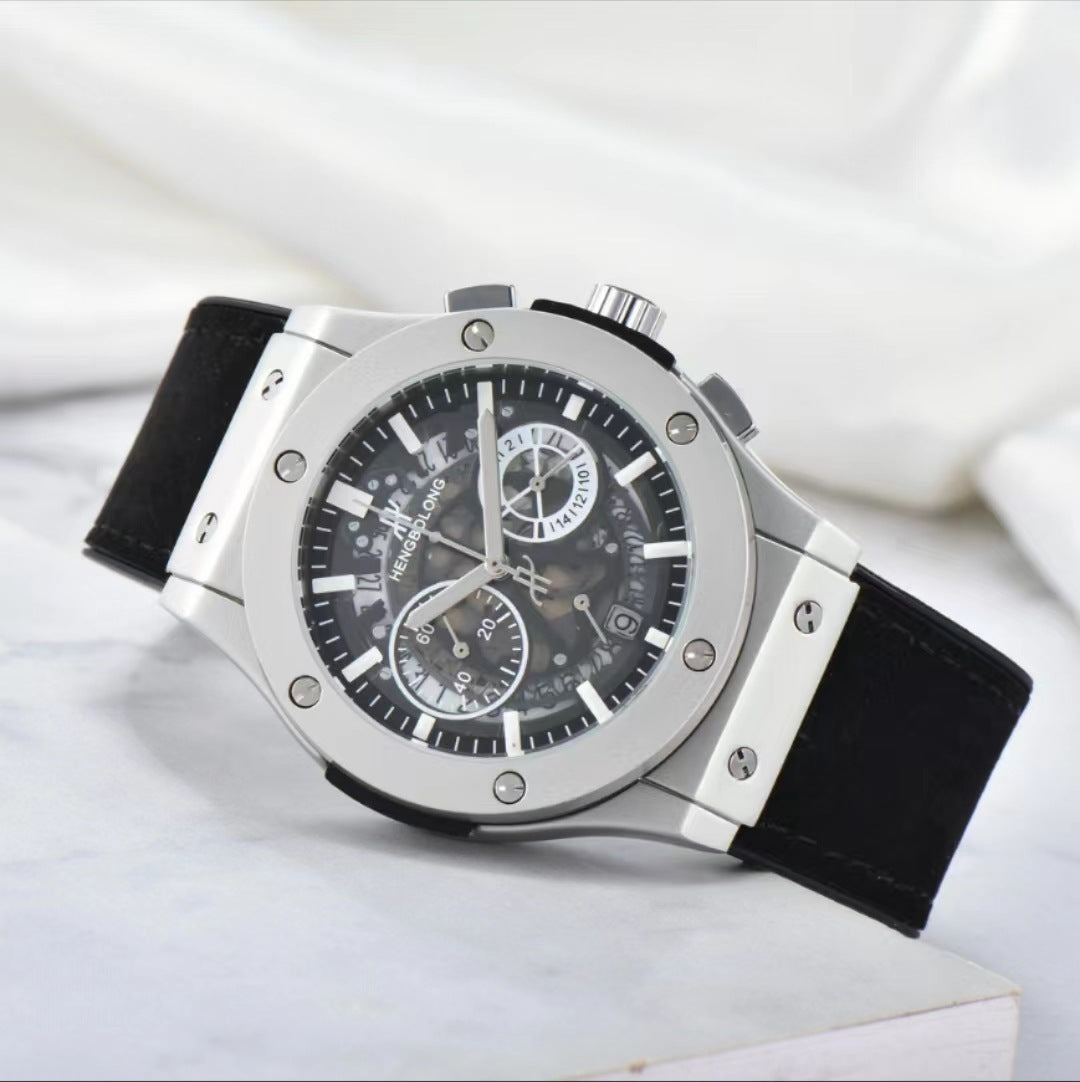 Hengbolong Skeleton Chronograph Men's Watch | Silver Screw Bezel Sky Blue Suede Strap Hollow Dial Date Watch