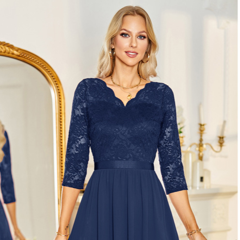 Burgundy Lace Chiffon Midi Dress | 3/4 Sleeve V-Neck Bridesmaid Wedding Guest Dress