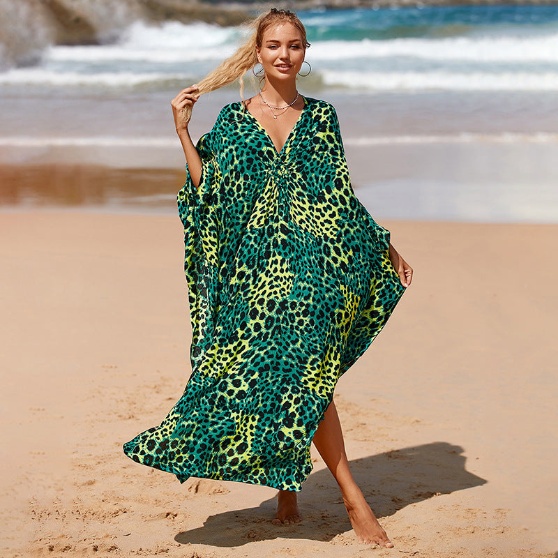 Kaftano lungo stampato da mare | Abito boho oversize con maniche a pipistrello e scollo a V | Copricostume da bagno da donna con fantasia tie-dye, zebrata o a foglie tropicali, in stili diversi