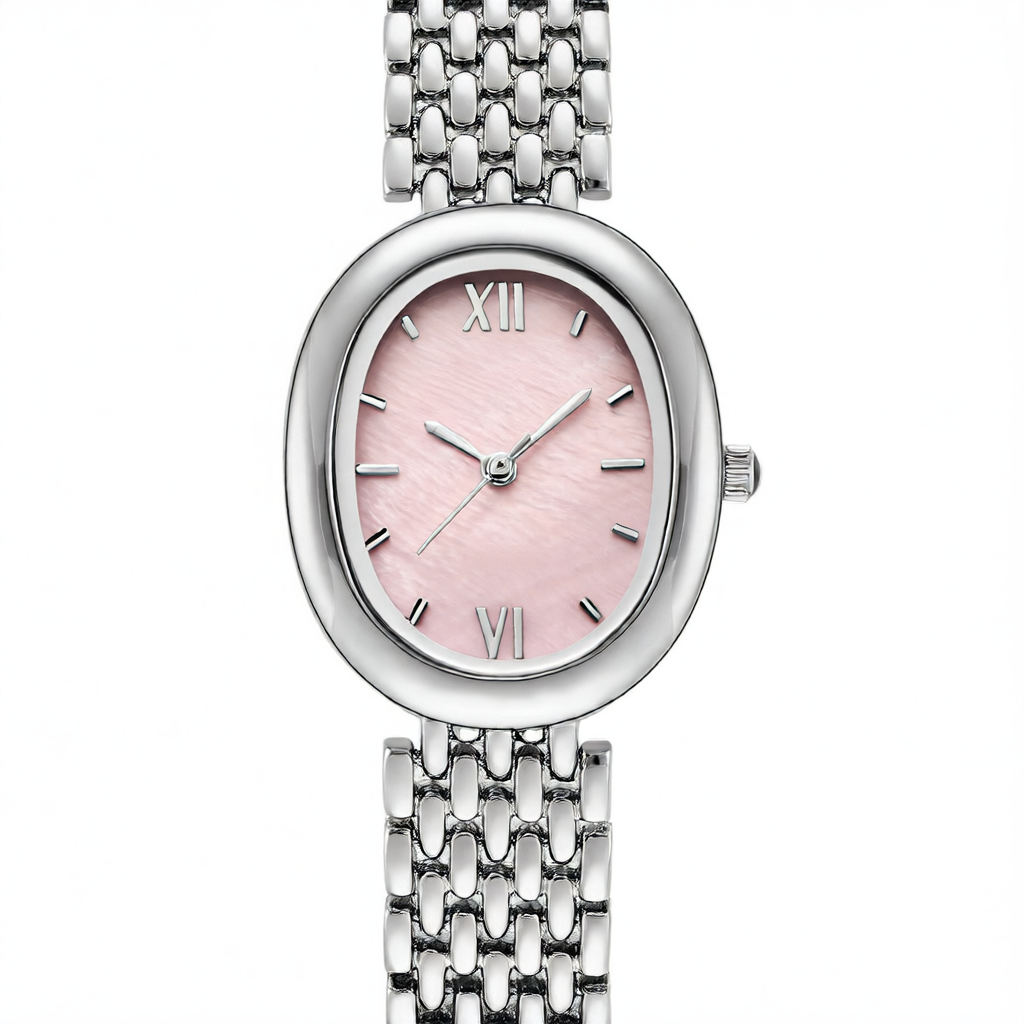 Oval Mother of Pearl Watch Women | Blue Shell Dial Roman Numerals | Silver Brick Bracelet | Elegant Quartz Dress Watch