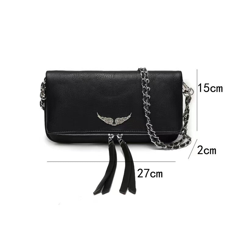 Zadig & Voltaire White Leather Crossbody Bag - Rock Nano Bag with Wings & Chain Strap | Designer Clutch with Tassel