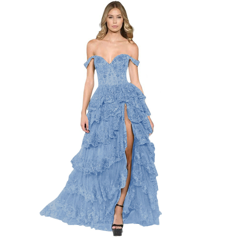 Black Off-Shoulder Sequin Lace Tiered Gown | Corset Ruffle Slit Formal Dress | Prom Evening Gown