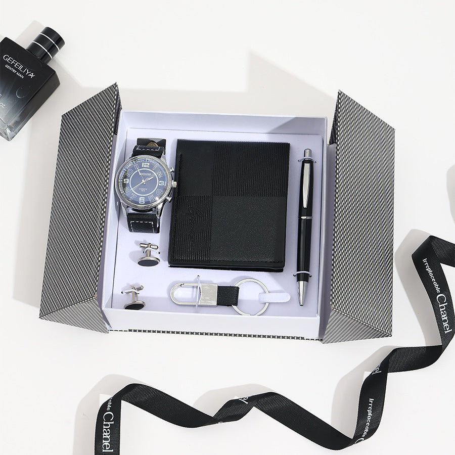 Geman Men's Luxury Gift Set – 6-Piece Black Leather Belt, Wallet, Watch, Bracelet, Keychain & Pen Box Set | Premium Men's Gift