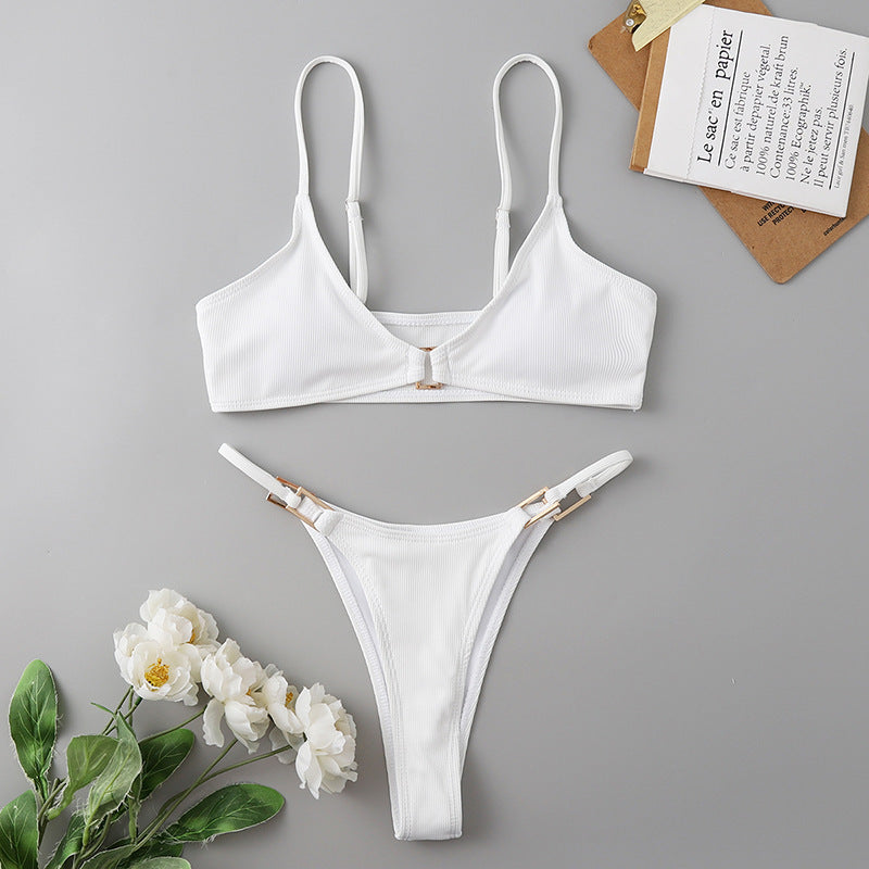Brown Ribbed Bikini Set | Gold Metal Hardware Triangle Top & Thong Bottoms | Chocolate Minimalist Two Piece Swimsuit Women