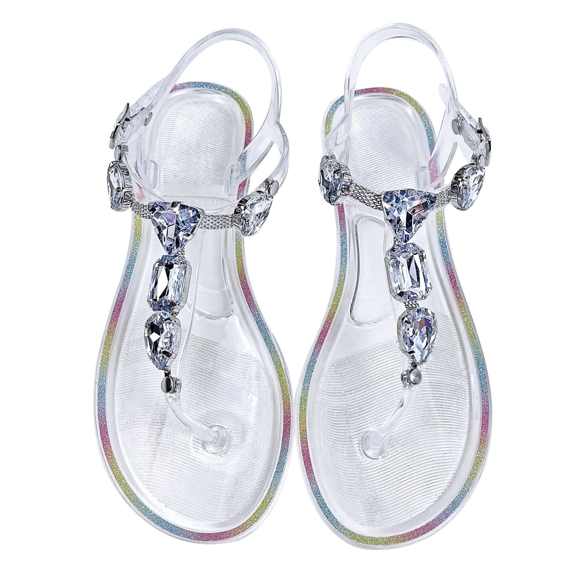 Clear Jelly Rhinestone T-Strap Sandals Women Crystal Gem Flat Thong Rainbow Glitter Sole Beach Summer Shoes