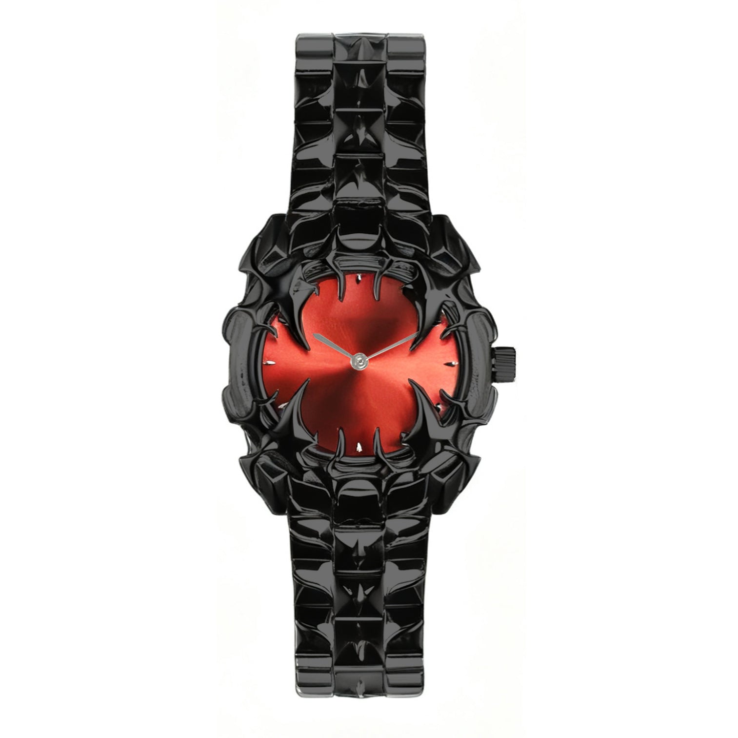 Gothic Black Thorn Spike Watch for Men | Red Dial Dark Luxury Stainless Steel Quartz Timepiece