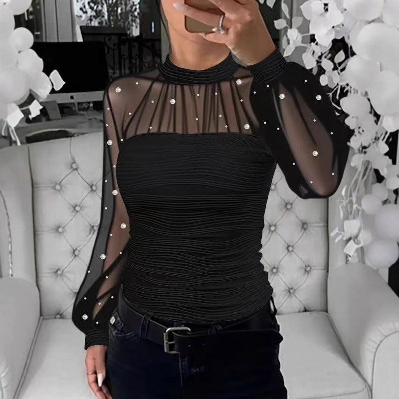 Pearl Mesh Splicing Long Sleeve Shirt