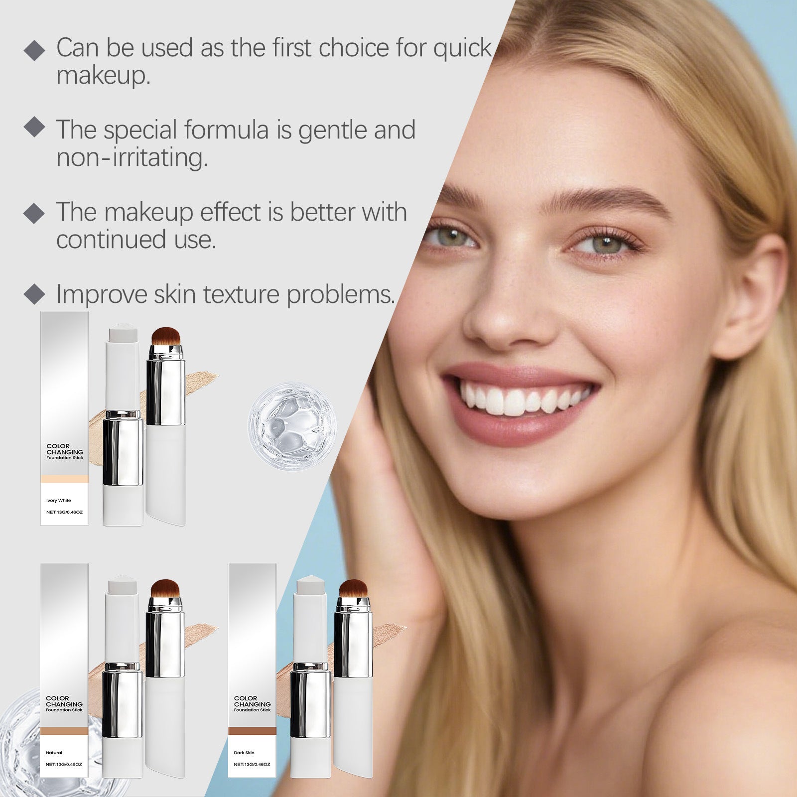Zephoco Color Changing Foundation Stick Natural Shade | 13g Skin Tone Adaptive Foundation Stick with Built-In Brush | Full Coverage Seamless Complexion Makeup for Medium Natural Skin Tones | All Skin Types